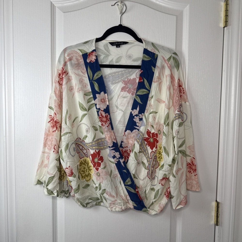 Charlie B Womens M Cream Floral Boho Wrap Blouson Top Dolman Sleeve V Neck